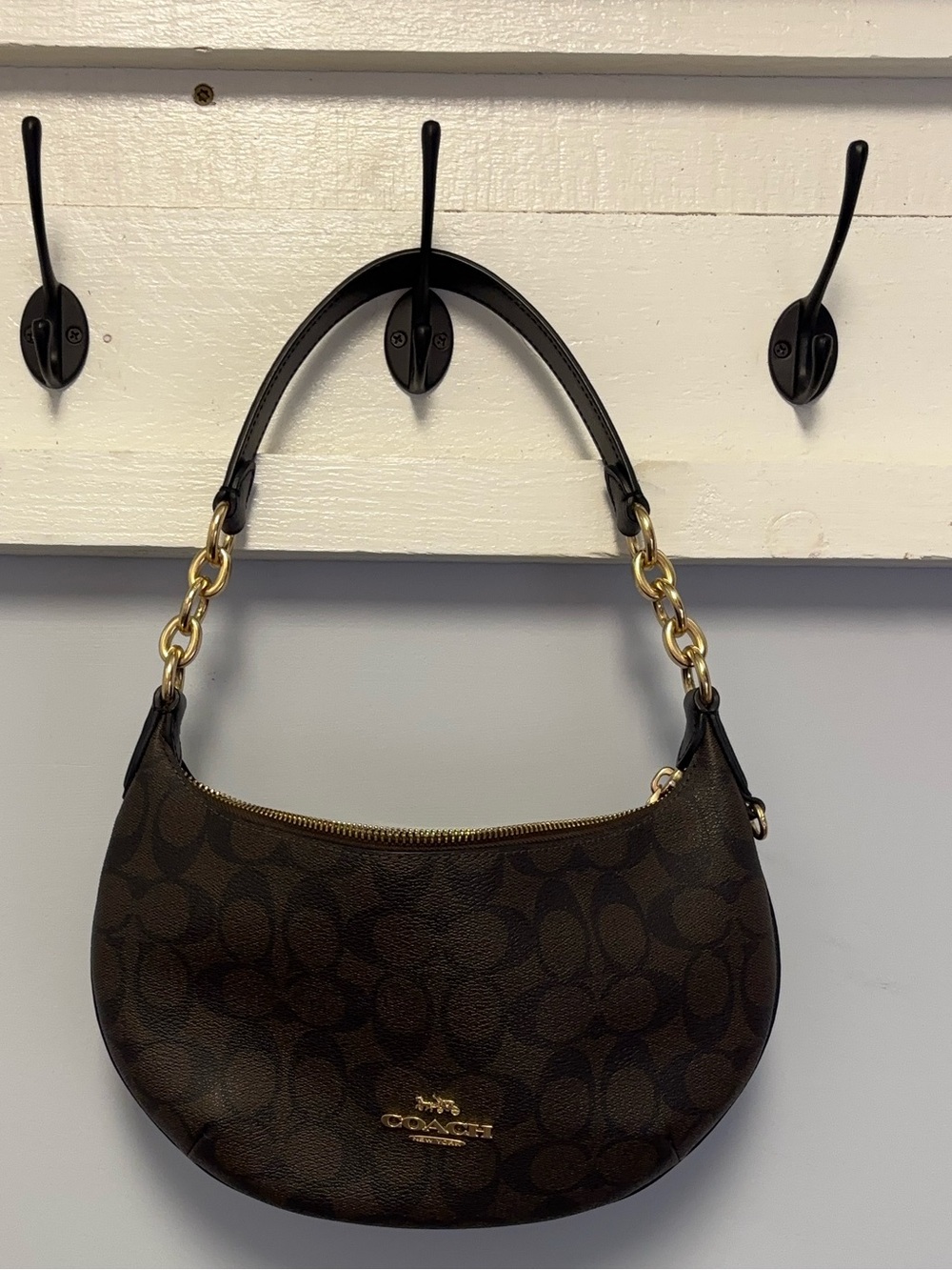 Coach Signature Crescent Shoulder Bag in Dark Brown with Gold Hardware